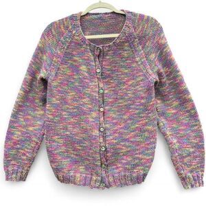 Vintage Hand-Knitted Rainbow Raglan Cardigan I Button-Up | Medium